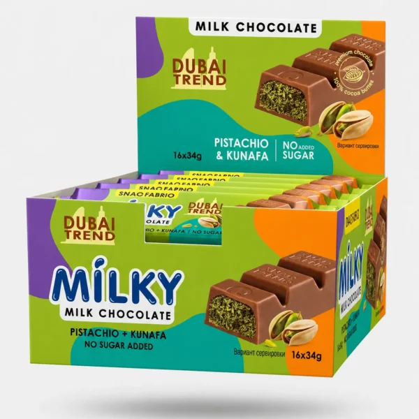 Dubai Trend Milky Milk Chocolate Bar with Pistachio & Kunafa Filling No Sugar Added